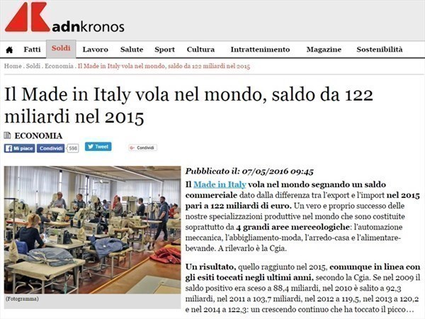 Il Made in Italy vola nel mondo, saldo da 122 miliardi nel 2015